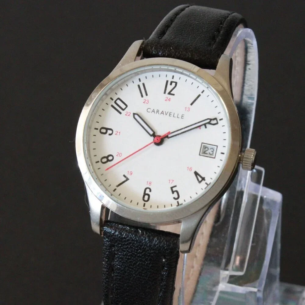 Caravelle Ladies Easy Reader By Bulova Black On White Dial Black Leather 30mm